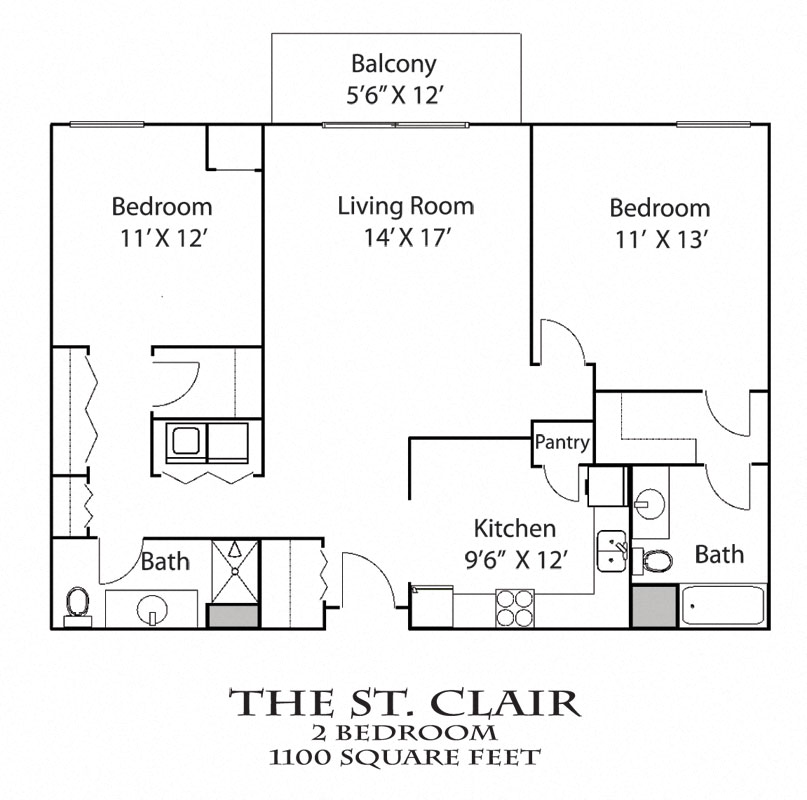 Floor plan for 2 beds, 2 baths, 1200 sqft